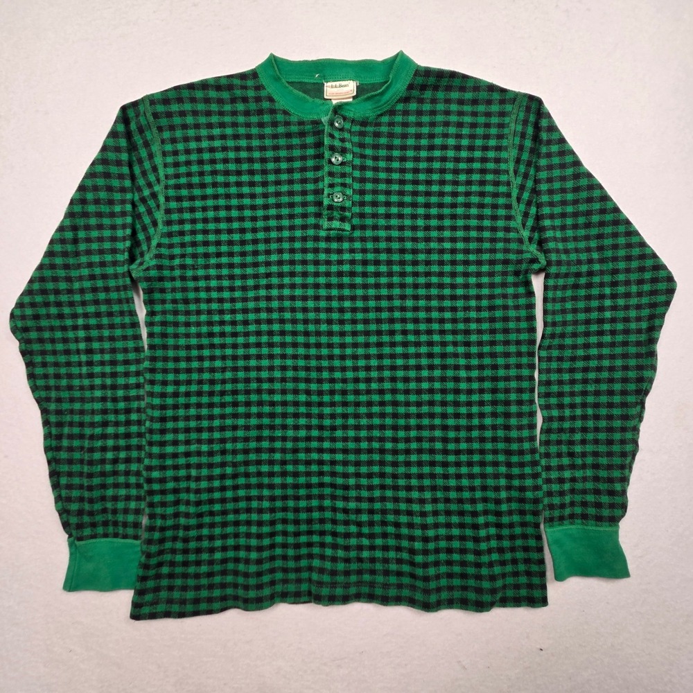 Vintage L.L. Bean River Driver Henley Shirt Mens L Green Black Check Thermal USA